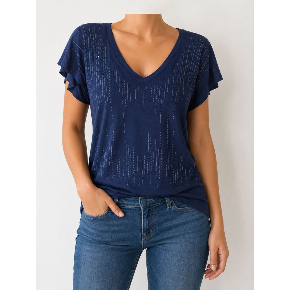 XXI Navy Blue Embellished V-Neck Blouse Women's Large Flutter Sleeve USA Made